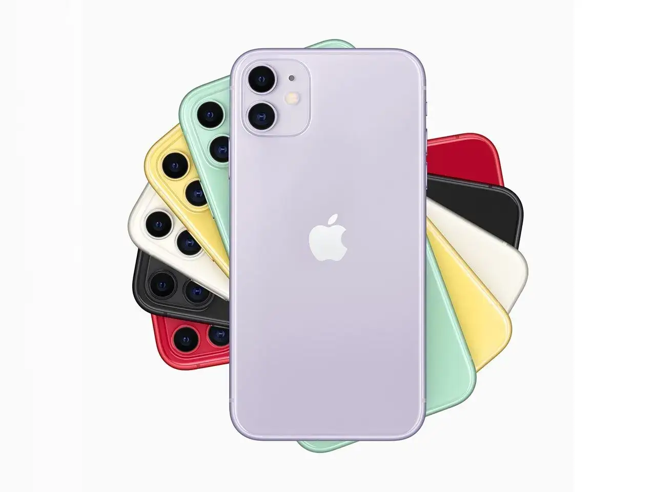 Kolekcja kolorowych iPhone'ów 11, każdy z podwójnym aparatem, ułożona w wachlarz.