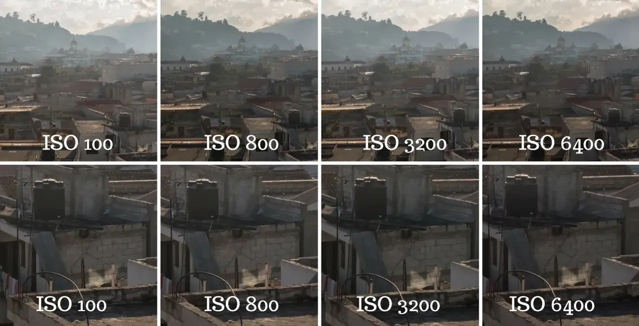 Por&oacute;wnanie zdjęć z r&oacute;żnym ISO: 100, 800, 3200, 6400. Zobacz, jak ustawić ISO w aparacie, by uzyskać najlepszy efekt.