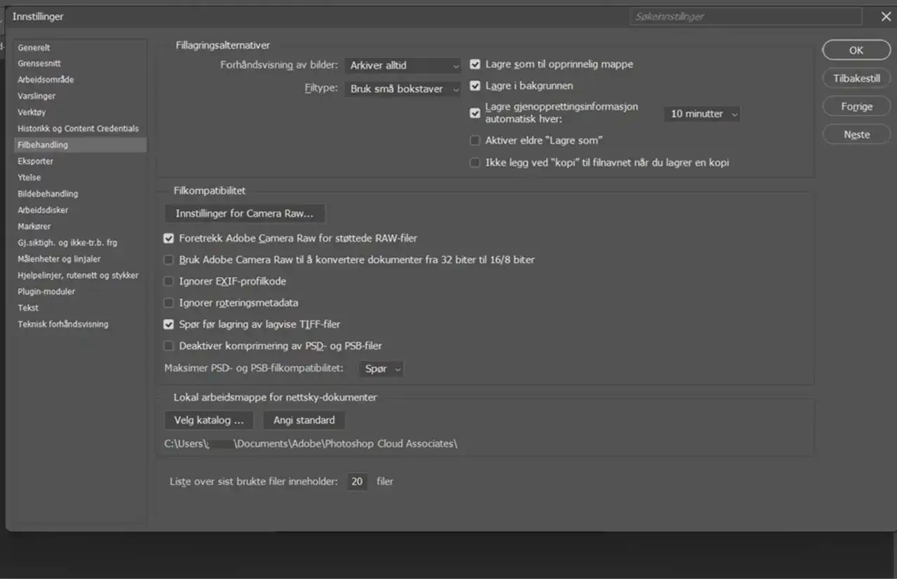Ustawienia programu Photoshop dotyczące zapisywania plików. Okno
