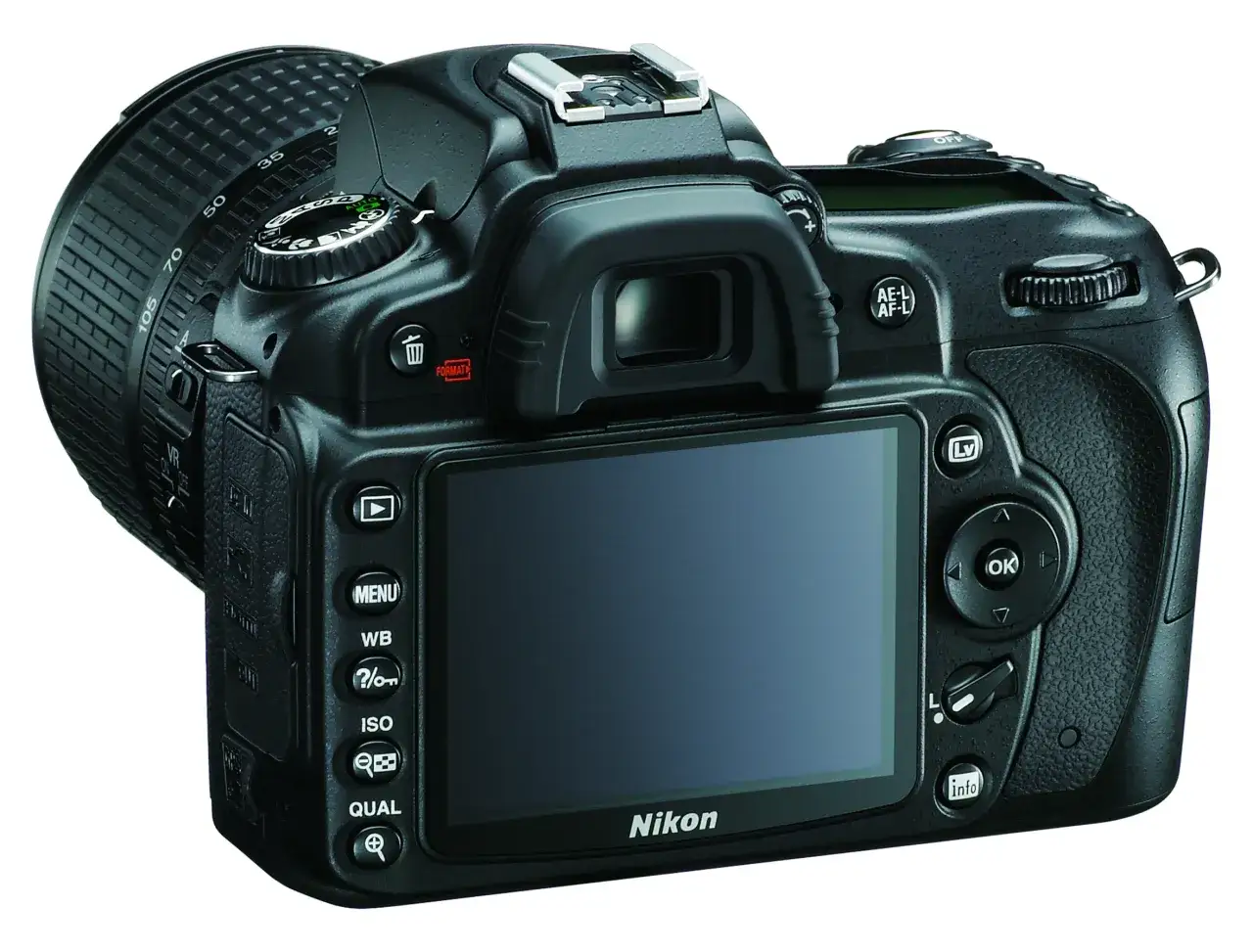 Tył lustrzanki cyfrowej Nikon D90 z obiektywem. Widoczny ekran LCD, przyciski sterujące i pokrętła.