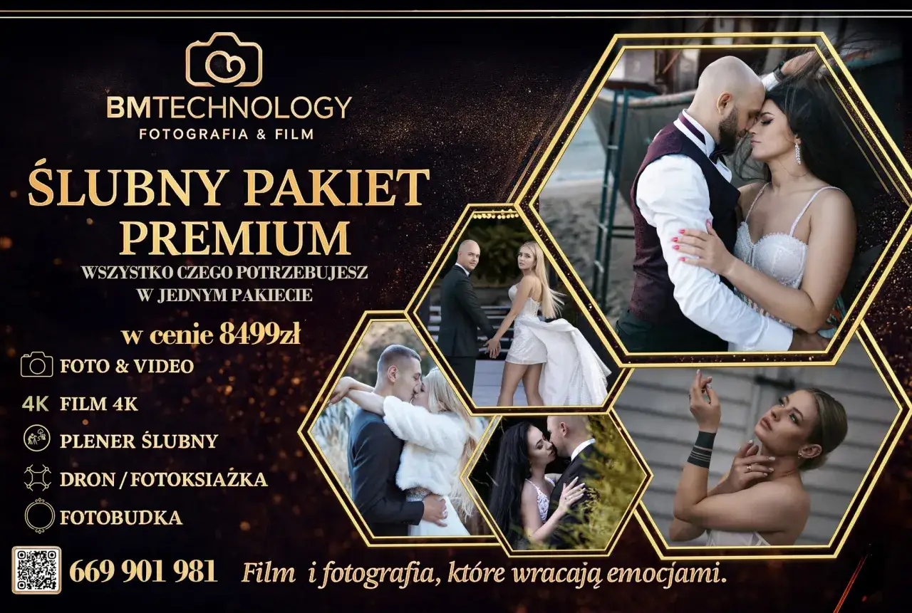 Pakiet Premium BMTechnology: ile kosztuje fotograf na wesele? Foto, wideo, plener, dron, fotoksiążka, fotobudka za 8499 zł.