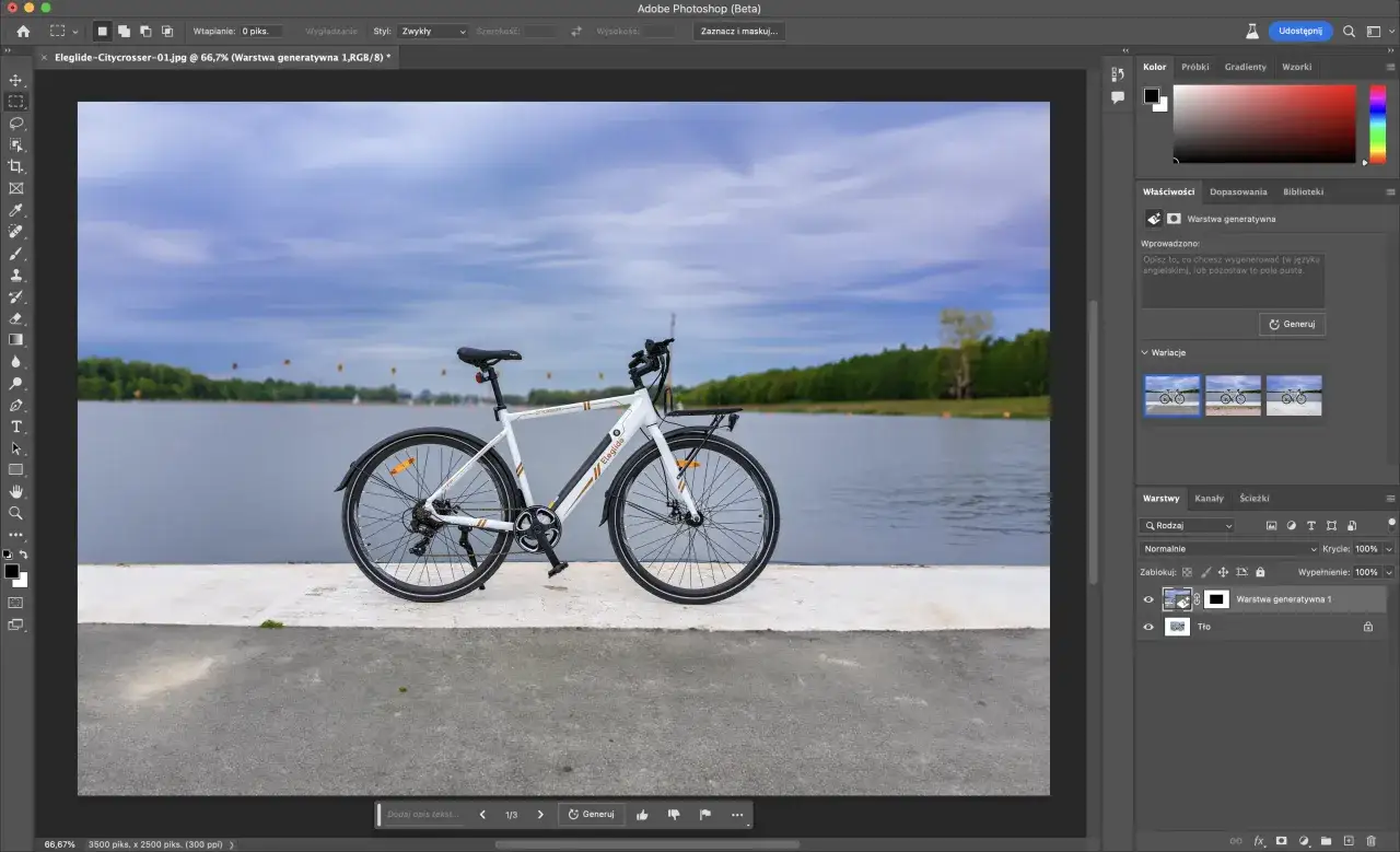 Jak usunąć obiekt w Photoshopie? Generatywne wypełnienie usuwa rower, tworząc tło nad jeziorem.