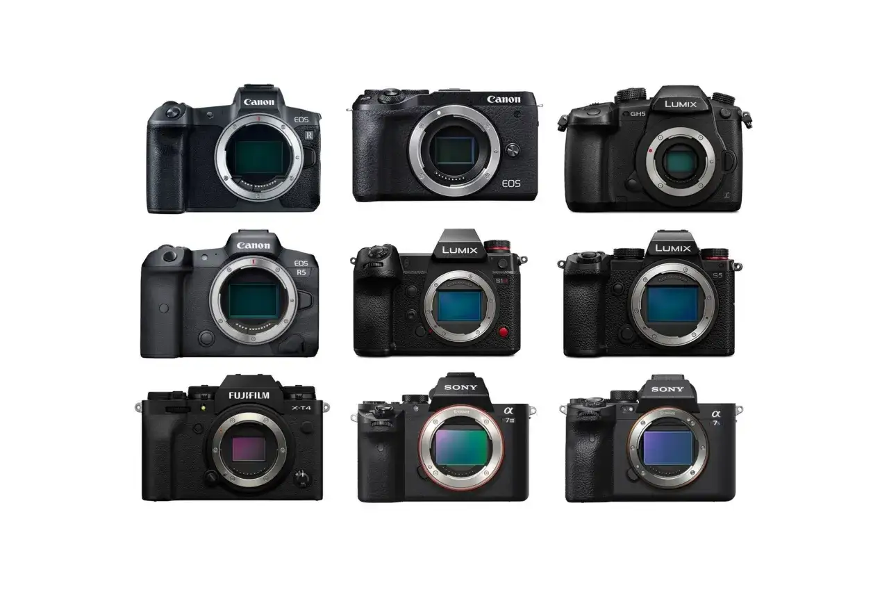 Kolekcja aparatów: Canon EOS R, R5, Lumix GH5, S1, S5, Fujifilm X-T4, Sony Alpha 7 III, 7S III.